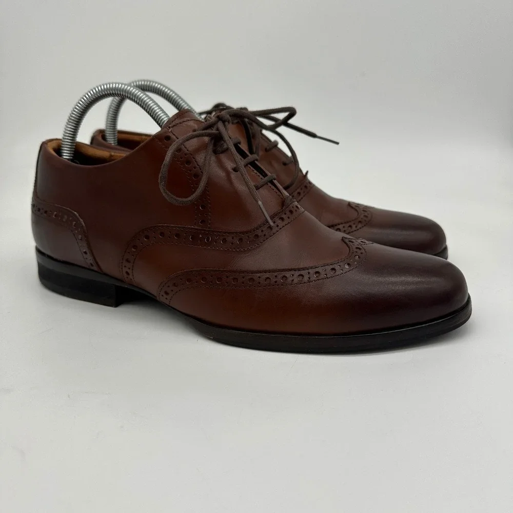 Wolf Shepherd‎ Mens Oxford Dress Shoes 8 Brown Wing Tip Lace Up Italian Leather